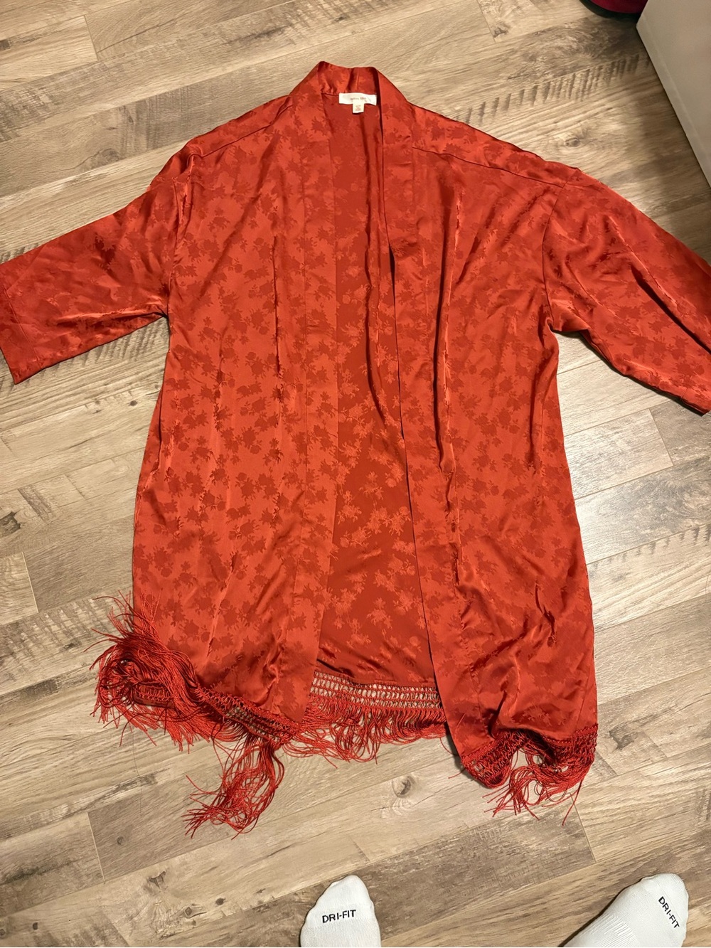 Red Jacquard Kimono Robe with Fringe Trim